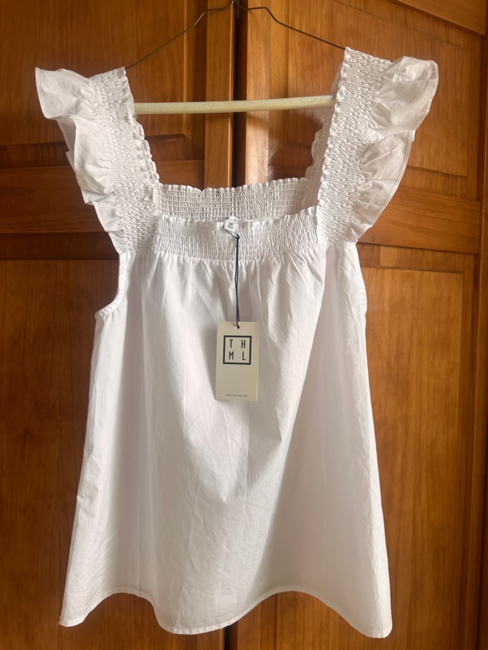 THML White Smocked Square Neck Ruffle Strap Blouse XS NWT